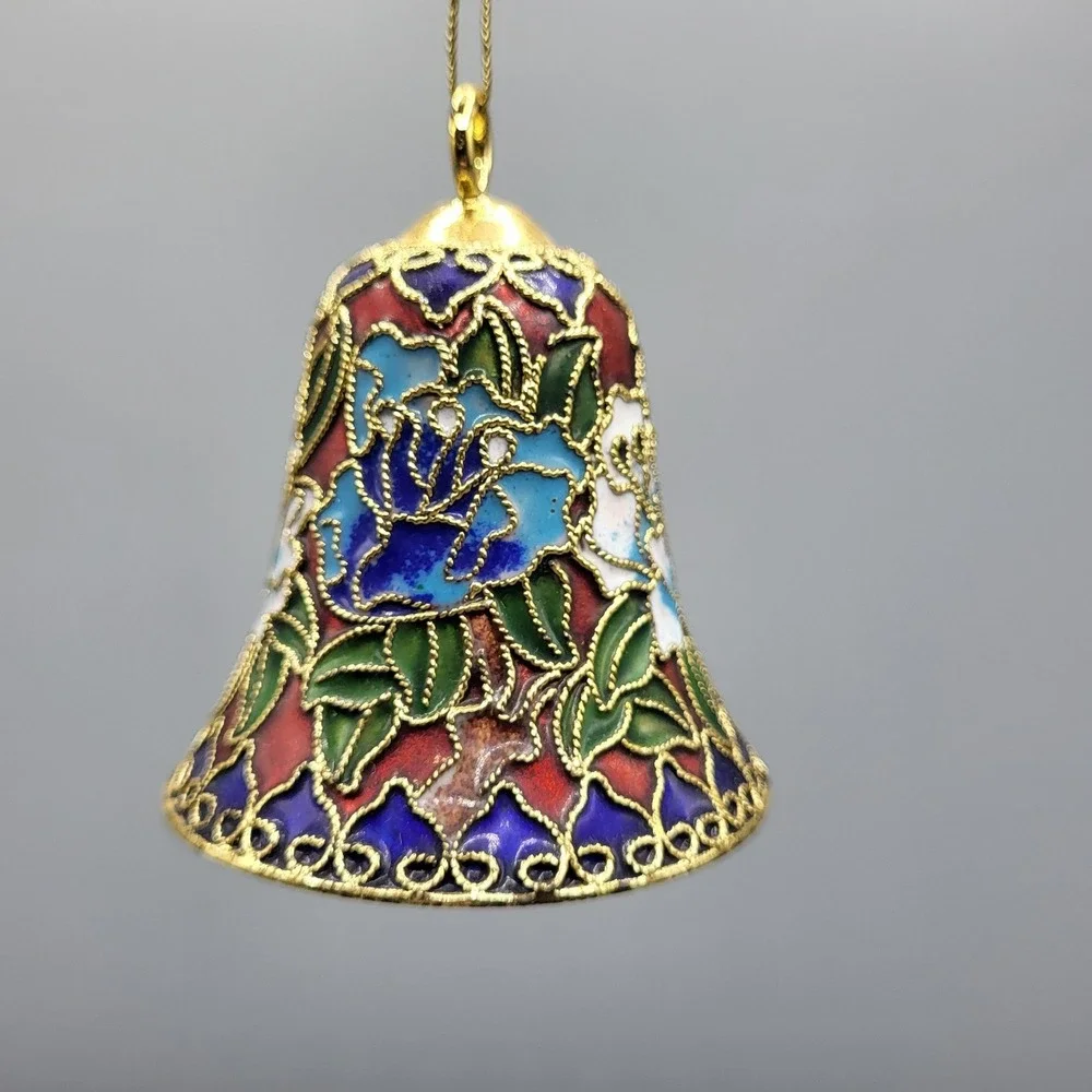 Cloisonne Bell Ornament Floral Enamel Filigree Blue Red Gold Holiday Decor